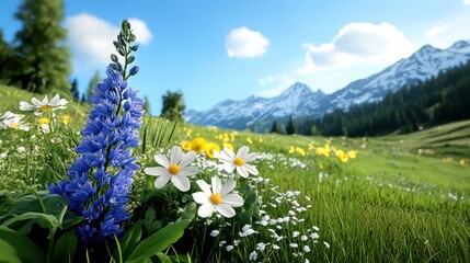 Obraz premium Vibrant wildflowers bloom in a lush meadow with majestic mountains in the background, a beautiful natural landscape.
