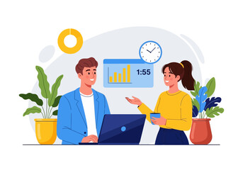 Vector art of two colleagues collaborating on a project using a laptop, discussing data and charts in a modern office setting, symbolizing teamwork and business growth