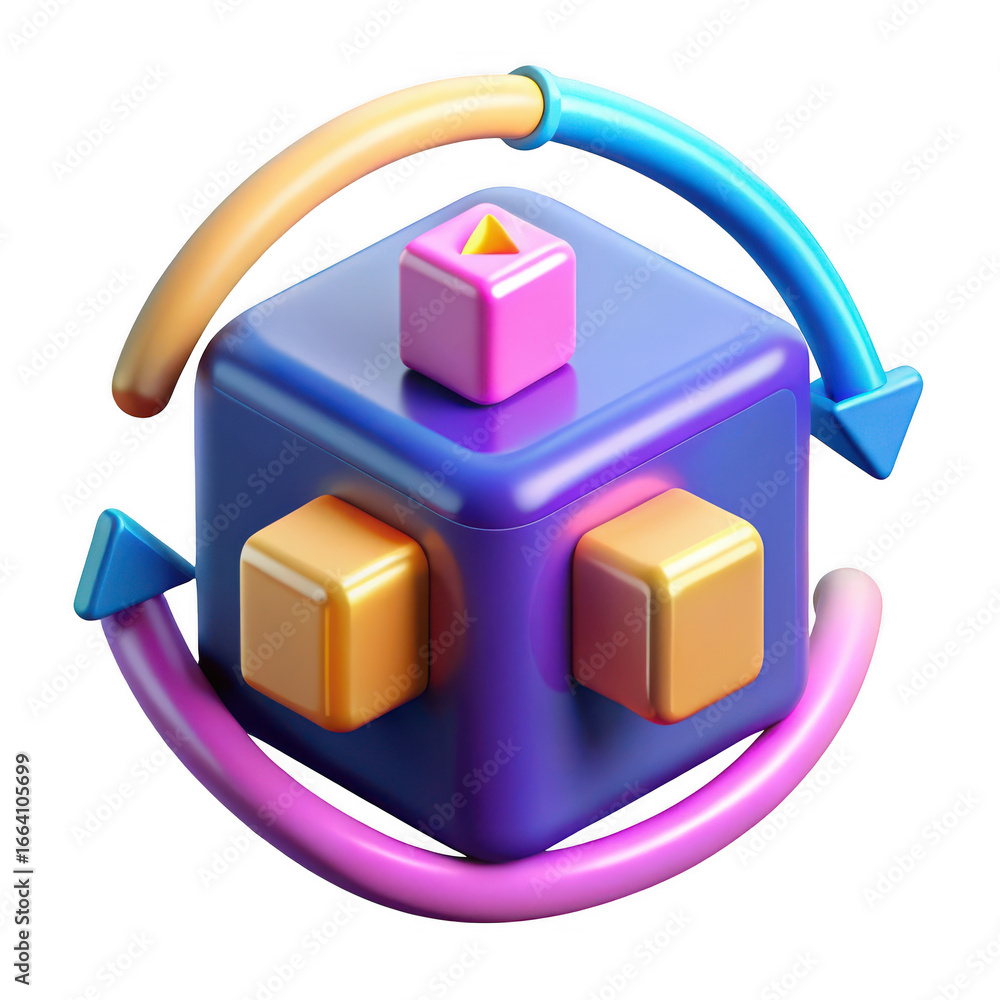 Poster abstract 3d cube with colorful orbiting elements representing connection and flow isolated on transp