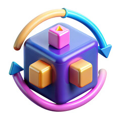 Abstract 3d cube with colorful orbiting elements representing connection and flow isolated on transparent background