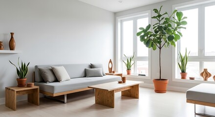 Fototapeta premium Modern Living Room Interior with Plants and Furniture.