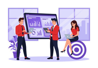 Vector art of business professionals collaborating on a strategy presentation with data analysis charts and graphs on a large screen, discussing project success and growth