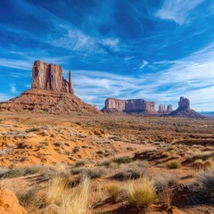 Majestic sandstone buttes in a vast desert landscape.