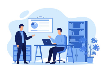 Vector art of two businessmen in a modern office setting, one presenting a chart on a whiteboard to another seated at a desk with a laptop, symbolizing collaboration and business strategy