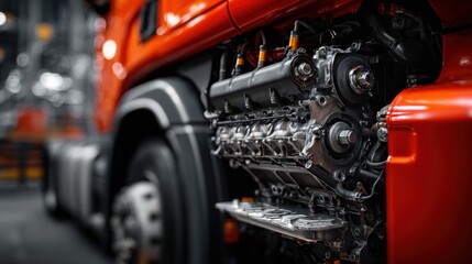 Fototapeta premium High-quality photo of disassembled truck engine in repair service. Heavy machinery, diesel motor vehicle part close-up. Red truck blurred background. Maintenance, repair.