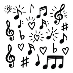 Hand drawn musical notes symbols hearts and clefs for music creation and creative expression silhouette