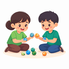 Happy Children Playing with Colorful Marbles, Smiling Boy and Girl Exchanging Glass Spheres