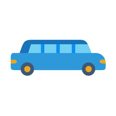 A simplistic blue limousine illustration on a black background, side view