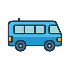 Stylized Blue Minibus Illustration with Clean Lines and Bold Colors on Black Backdrop