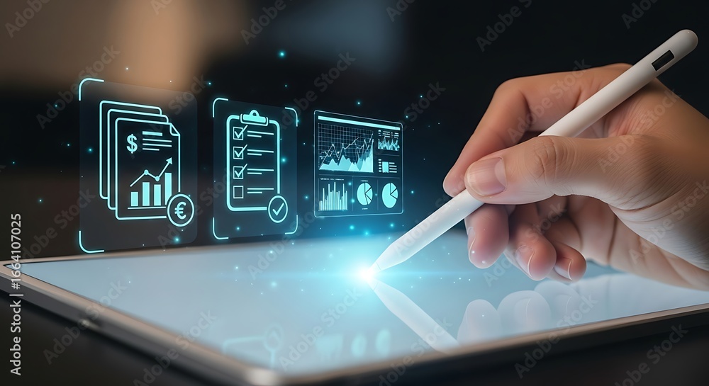 Poster a hand holding a stylus interacts with a digital tablet displaying financial documents and data visu