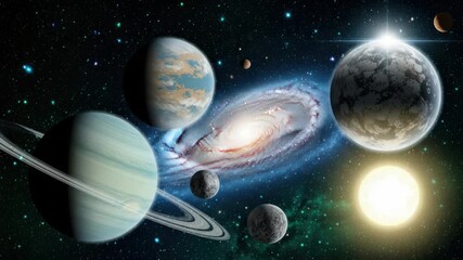 A vibrant cosmic scene unfolds with a swirling galaxy at its center, surrounded by diverse planets, a bright sun, and distant stars, evoking a sense of wonder and exploration in the vast universe - Powered by Adobe
