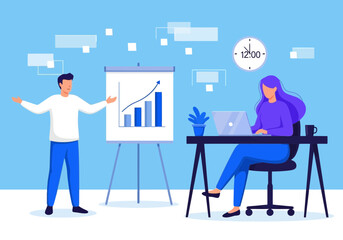 Vector art of business meeting presentation with growth chart and people working in office setting, illustrating teamwork and progress