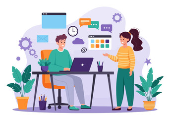 Vector art of two colleagues collaborating on a project at a desk with laptops and plants, symbolizing teamwork and business productivity in a modern office setting