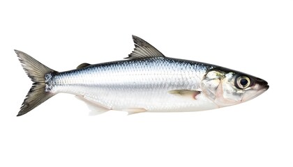 Fototapeta premium A whole, fresh fish, displayed against a plain white background, is presented in profile view.