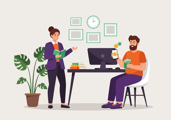 Vector art of businesswoman teaching businessman about finance and investment at office desk with computer and money