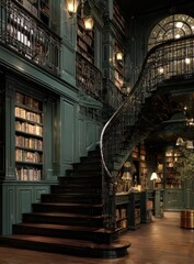 Obraz premium Dark, ornate library spiral staircase; bookshelves, lamps, and arched window background; inspiring/aesthetic use