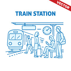 Train Station with Passengers Walking and Waiting in the Platform - Outline Graphic Illustration