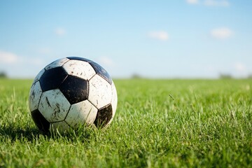 Fototapeta premium A close-up of a worn soccer ball resting on vibrant green grass under a blue sky.