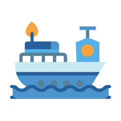 Stylized illustration of a blue cargo ship sailing on water against black background