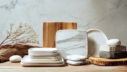 A rustic-modern still life featuring stacked porcelain plates, marble and wood serving platters, stones, and dried floral sprigs arranged on a wooden surface against a marble backdrop