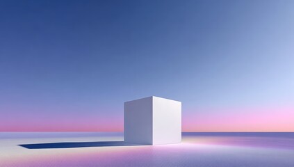 A single, pristine white cube rests on a flat, pastel-hued plane under a twilight sky, casting a subtle shadow