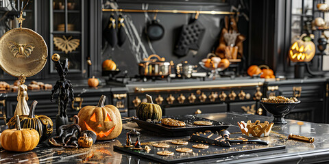 Ghoulishly elegant kitchen decorated for Halloween with pumpkins and festive treats