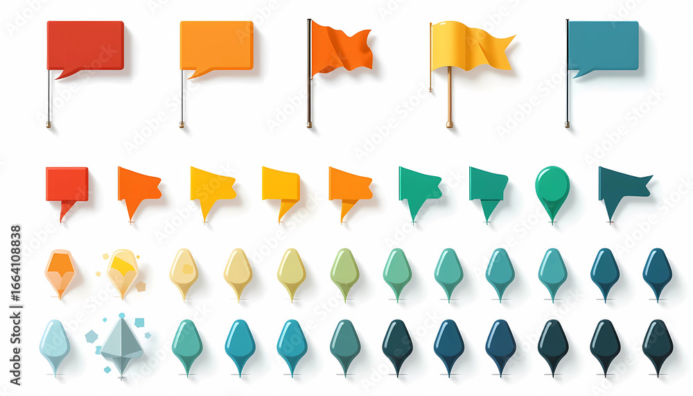 Poster collection of colorful map markers and flags in various shapes and vibrant color variations on white