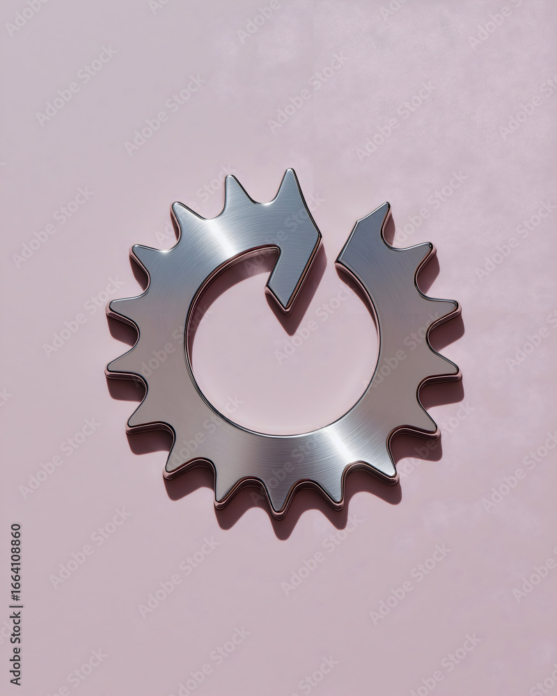 Poster a shiny metallic gear symbol with a circular design against a soft pink background, representing con