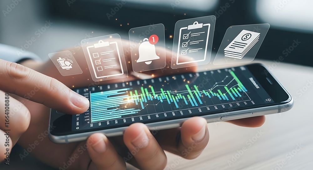 Poster a hand interacts with a smartphone displaying overlayed financial data and productivity app icons.
