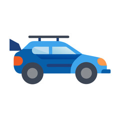 Stylized blue vehicle illustration with roof rack, rear spoiler and orange lights