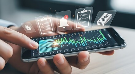 A hand interacts with a smartphone displaying overlayed financial data and productivity app icons.