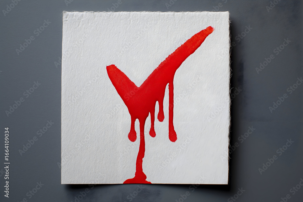Aufkleber a bold red checkmark drips paint on a textured white canvas, creating a striking contrast and an art