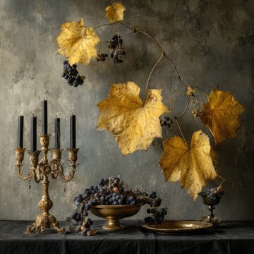 Autumn still life with grapes, candles, and a textured wall