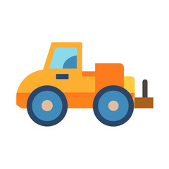 Stylized vector graphics illustration of a yellow vintage car with blue wheels