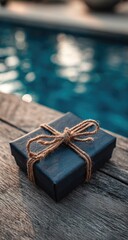 A small, dark-grey gift box with twine bow sits on weathered wood beside a blurred pool