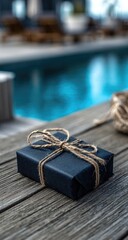 A small, dark-wrapped gift sits on weathered gray wood beside a blurry, luxurious poolside scene.  Rustic twine bow adds a simple elegance