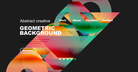Abstract geometric background design. Vibrant colors, flowing shapes, website mockup with navigation options, text elements present.