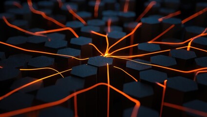 Abstract Network of Glowing Orange Lines on Hexagonal Grid