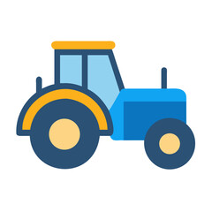 Stylized flat vector illustration of a blue and yellow tractor isolated on black