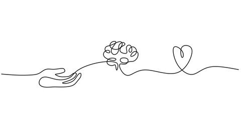 Brain, Heart, and Hand Connected, Continuous Line Art for Health Awareness
