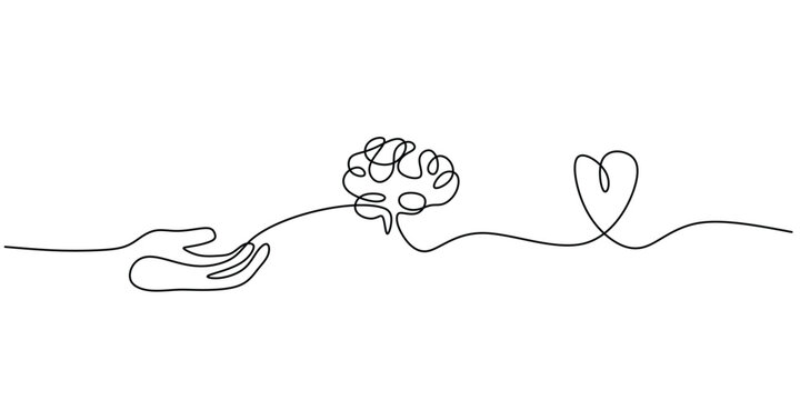 Brain, Heart, and Hand Connected, Continuous Line Art for Health Awareness