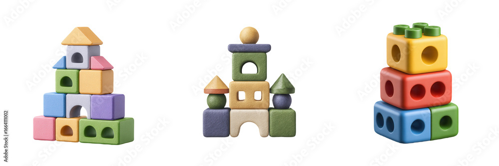 Poster colorful building blocks arranged in various structures, showcasing creativity and playful design.