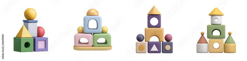 Poster colorful geometric building blocks arranged in various structures showcasing shapes like circles, sq