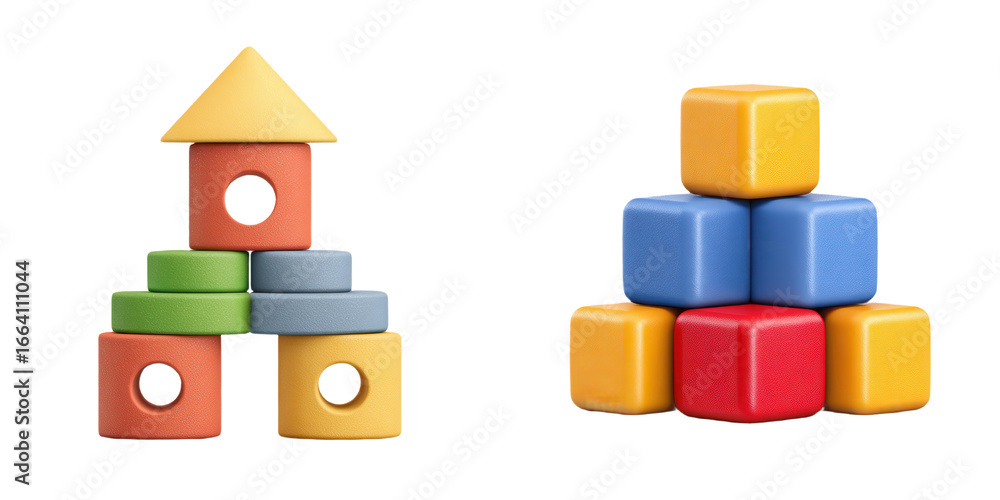 Poster colorful building blocks arranged into two distinct structures, showcasing various shapes and sizes,