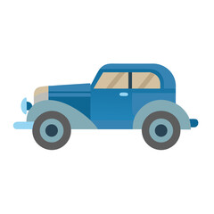 Stylized blue classic car vector illustration on a black background, flat style