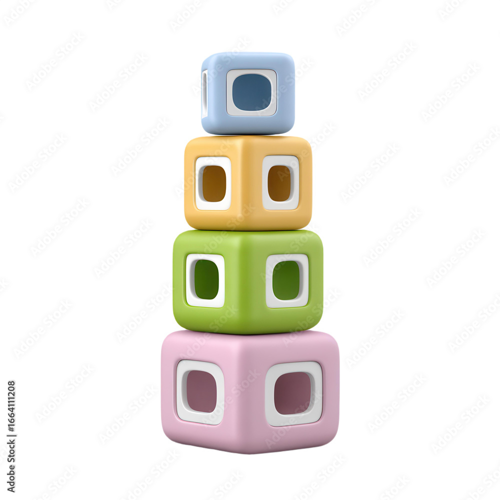 Poster a stack of colorful, geometric building blocks with rounded edges, featuring hollow square cutouts i