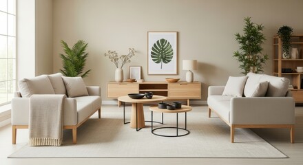 A cozy and inviting living room with neutral tones, featuring comfortable sofas, stylish tables, and lush plants, creating a serene and modern home interior