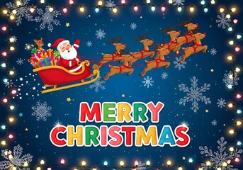 Fototapeta premium Merry Christmas - Santa and Reindeer Sleigh Flying in the Night Sky
