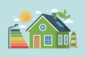 Eco friendly home with solar panel, energy efficiency rating, green house, renewable energy, and sustainable living concept, cheerful and bright atmosphere