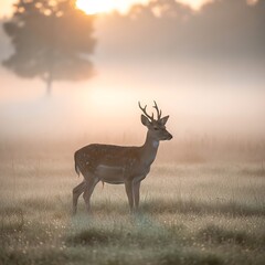 Obraz premium A lone deer stands in a misty sunrise field.